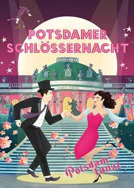 Animiertes Poster für den Film "Potsdamer Schlössernacht" mit lebhaften Farben und fesselnden Charakteren.