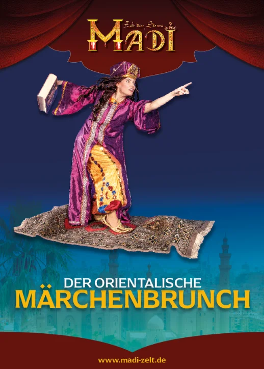 Buntes Poster für "Madi: Zelt der Sinne - Märchenbrunch", das eine einladende Atmosphäre und märchenhafte Elemente zeigt.