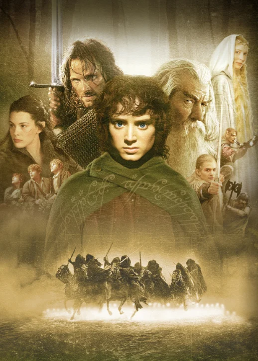 Filmplakat von "Der Herr der Ringe: Die zwei Türme" zeigt epische Szenen und Hauptfiguren in einer fantastischen Umgebung.