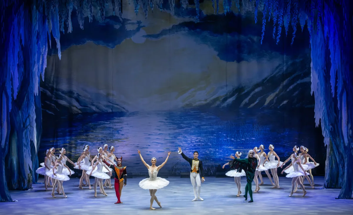 Ballettaufführung Schwanensee in Berlin, Tänzer zeigen anmutige Bewegungen in einer winterlichen Szene.