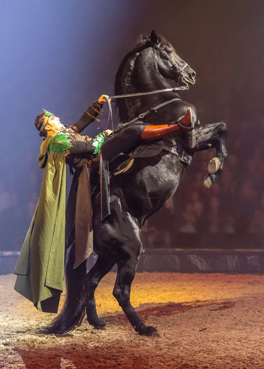 Ein Mann reitet auf einem Pferd, umgeben von einer magischen Kulisse, die die Atmosphäre der CAVALLUNA-Show widerspiegelt.