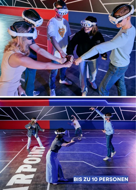 Menschen in Virtual-Reality-Headsets erleben gemeinsam Abenteuer im Virtual-Reality-Park für 10 Personen.