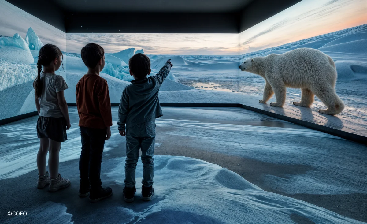 Drei Kinder schauen fasziniert auf einen Bildschirm mit einem Bild von einem Eisbären in der Ausstellung Polar Experience.