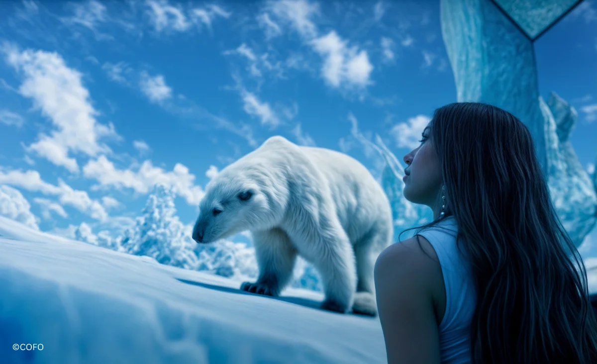 Eine Frau beobachtet einen Eisbären in einer schneebedeckten Landschaft während der Ausstellung über die Arktis in Berlin.