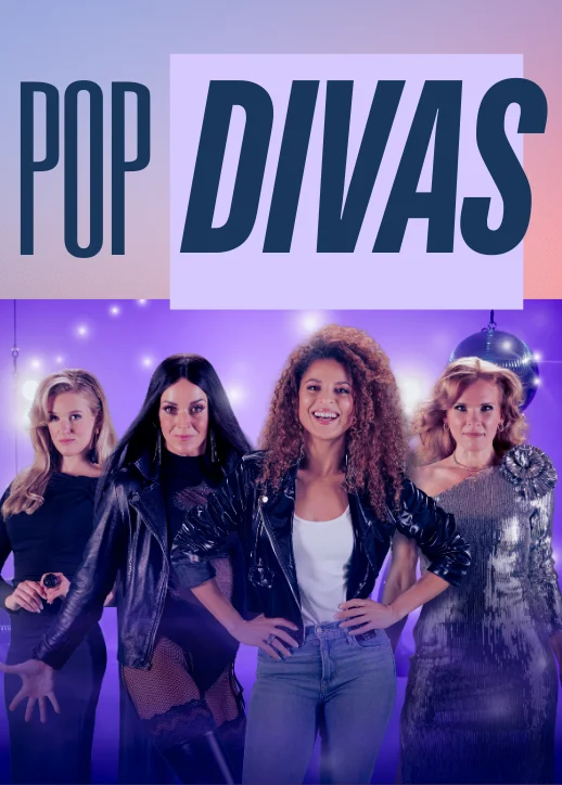 Die Darstellerinnen der Pop Divas Tribute Show in Berlin,strahlend und in auffälligen Kostümen.