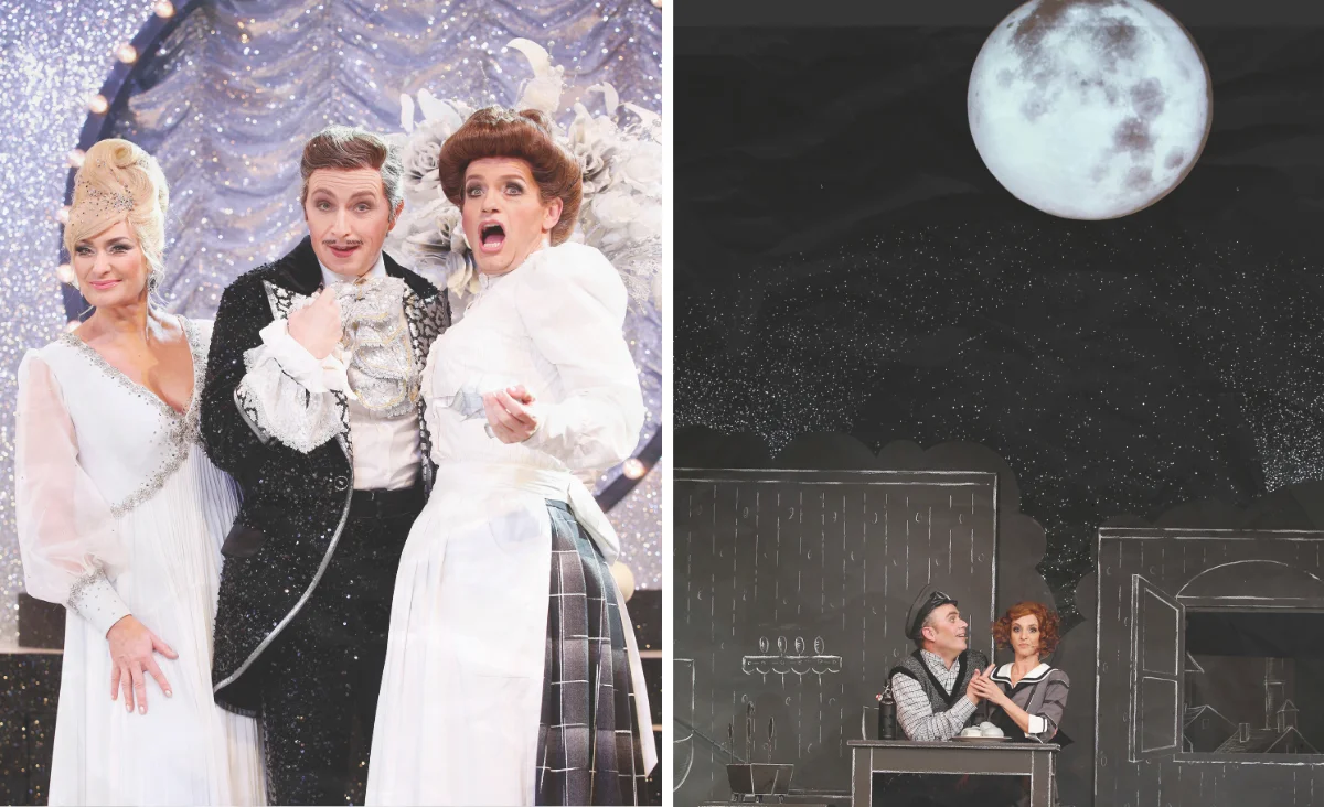 Zwei Bilder von Menschen in Kostümen und eines mit einem Mond, aufgenommen bei der Operette Frau Luna im Tipi am Kanzleramt.