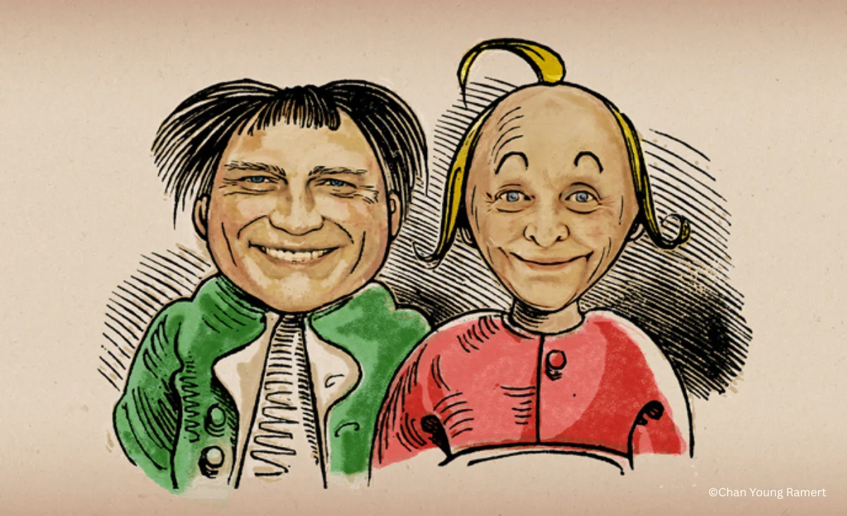 Cartoonzeichnung von zwei lächelnden Personen, über die Komödie Sauerkohl und Missetaten.