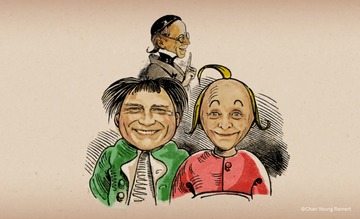 Cartoonzeichnung von zwei lächelnden Personen, über die Komödie Sauerkohl und Missetaten.