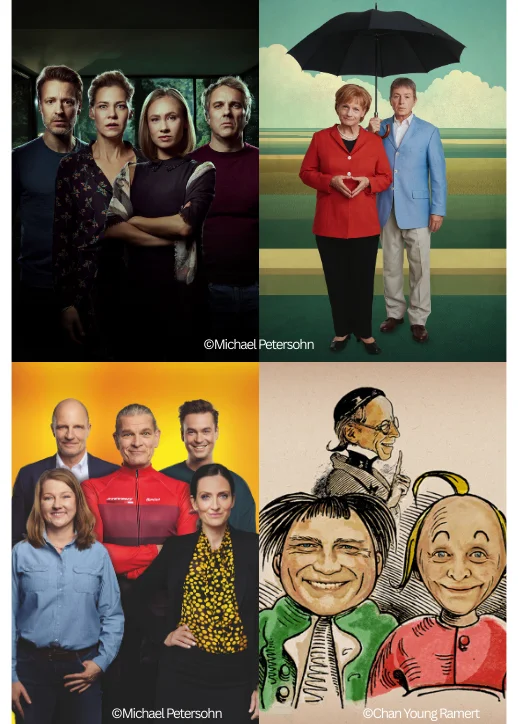 Vier verschiedene Plakat, darunter ein Mann mit einem Regenschirm, präsentieren die Komödie am Kurfürstendamm.