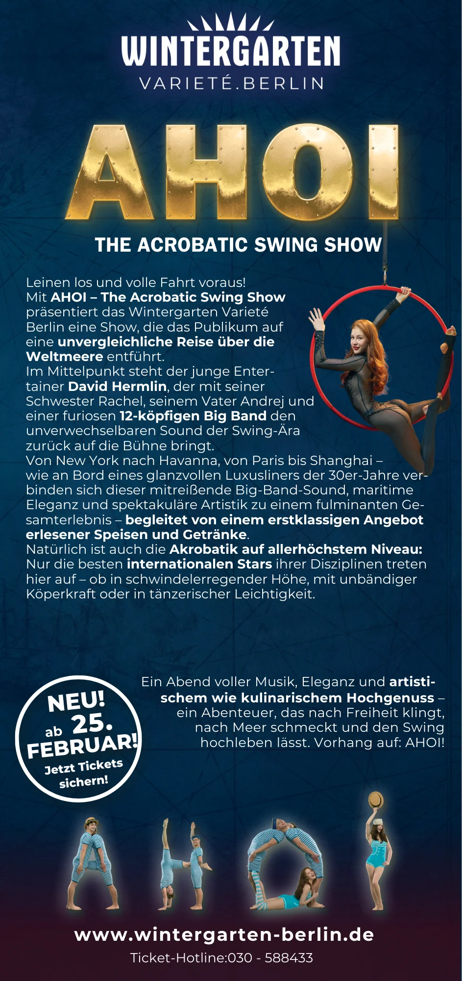 Ahoi Wintergarten Varieté: Flyer zur spektakulären akrobatischen Show.
