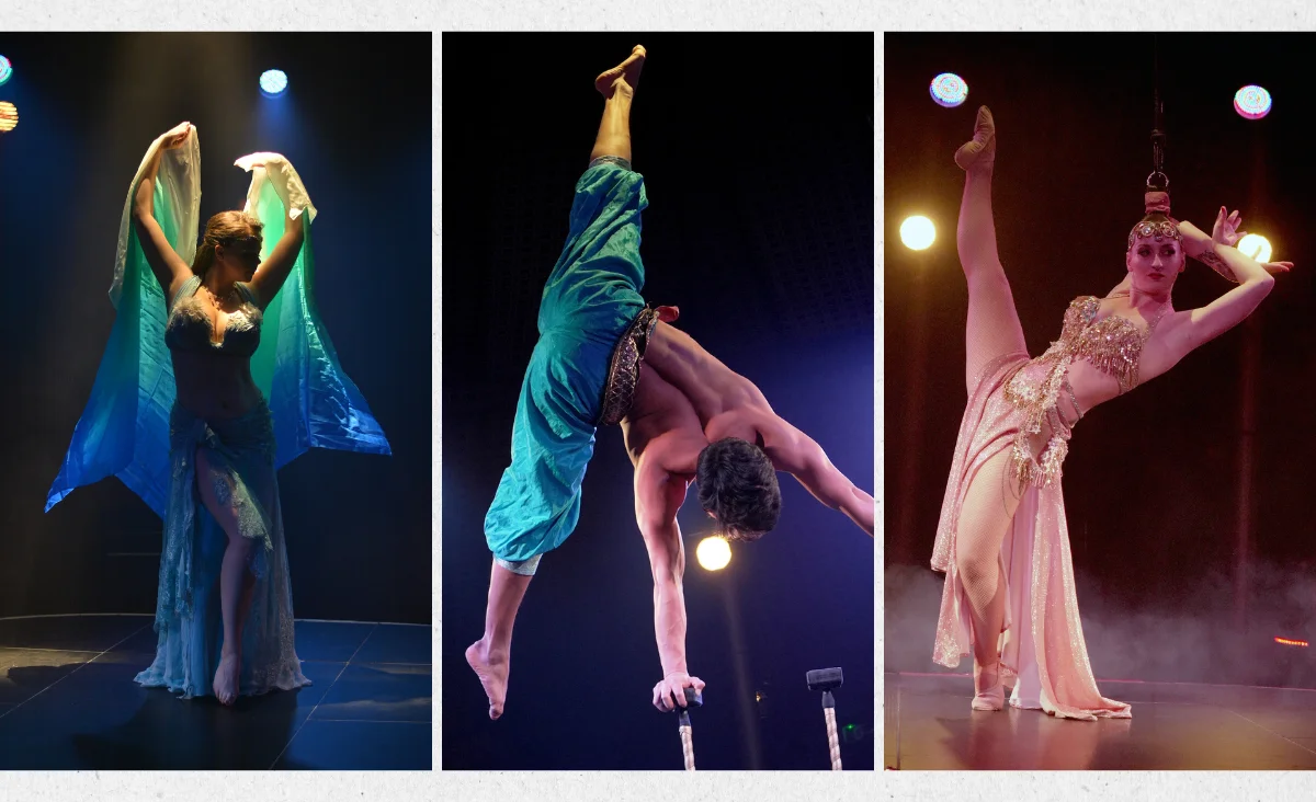 Drei Fotos von Bühnenkünstlern: links eine Tänzerin mit ausgebreiteten Armen und fließendem Stoff, Mitte ein Akrobat in blauer Hose in Handstandposition auf einem Stab, rechts eine Tänzerin in elegantem Kleid mit einem Bein hochgestreckt