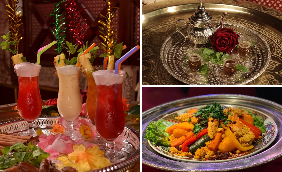 Drei bunte Cocktails mit Strohhalmen und Dekoration auf einem silbernen Tablett neben einem Teller mit Salat und Blüten sowie ein silbernes Tablett mit Teekanne, drei Gläsern Tee, einer roten Rose und Minzblättern und ein Teller mit gemischtem Gemüse und Kräutern.