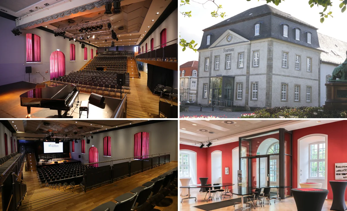 Vier Aufnahmen zeigen ein Konzertsaal-Interieur mit Bühne und Klavier, ein historisches Gebäude mit Giebelfassade, Sitzreihen mit Projektionsleinwand und einen Raum mit großen Fenstern und Stehtischen.