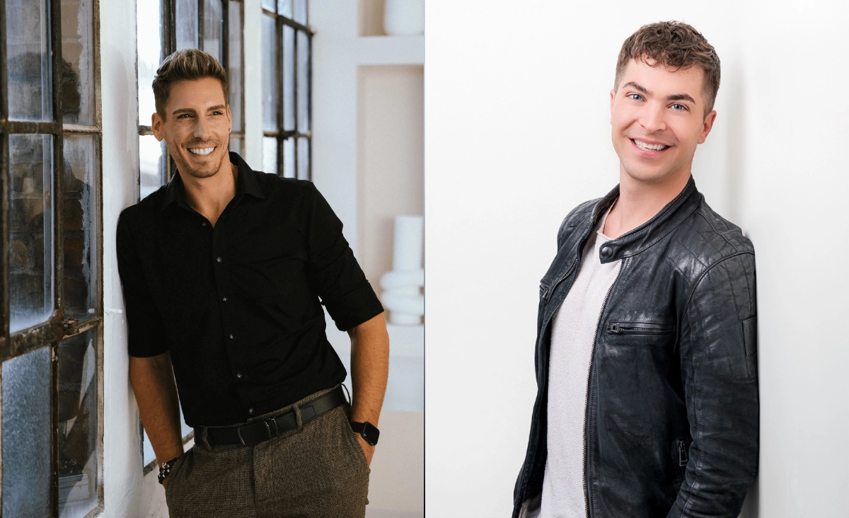 Zwei Männer in schwarzen Shirts und Lederjacken auf der Bühne bei 'SCHLAGERNACHT'26 mit Kerstin Ott.