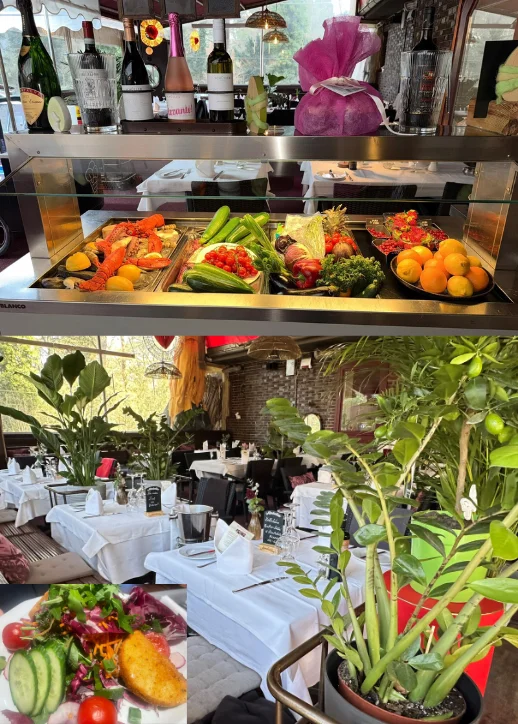 Theke mit frischem Gemüse und Obst im Restaurant Machiavelli am Roseneck mit gedeckten Tischen und Pflanzen im Hintergrund im Restaurant Machiavelli am Roseneck