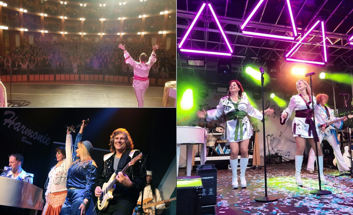 Vier Bilder von Musikern auf der Bühne bei "WATERLOO THE ABBA SHOW" mit Instrumenten.