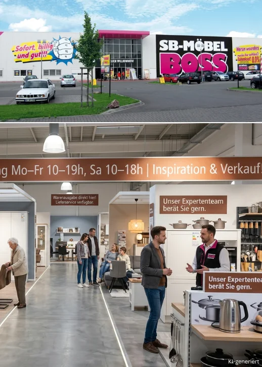 Ein Geschäft mit Kunden beim Einkaufen im Möbel Boss Detmold.