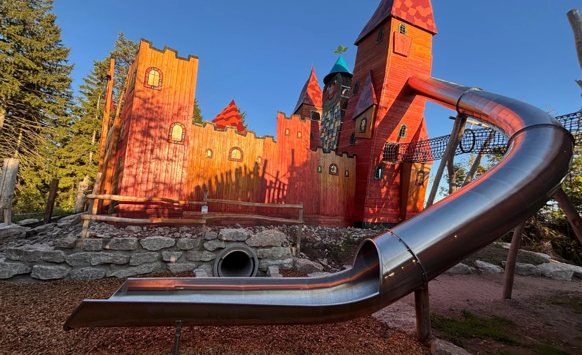 Spielplatz im Wurzelrudis Erlebniswelt mit einer Rutsche und einer Holzbrücke, die zum Spielen einlädt.