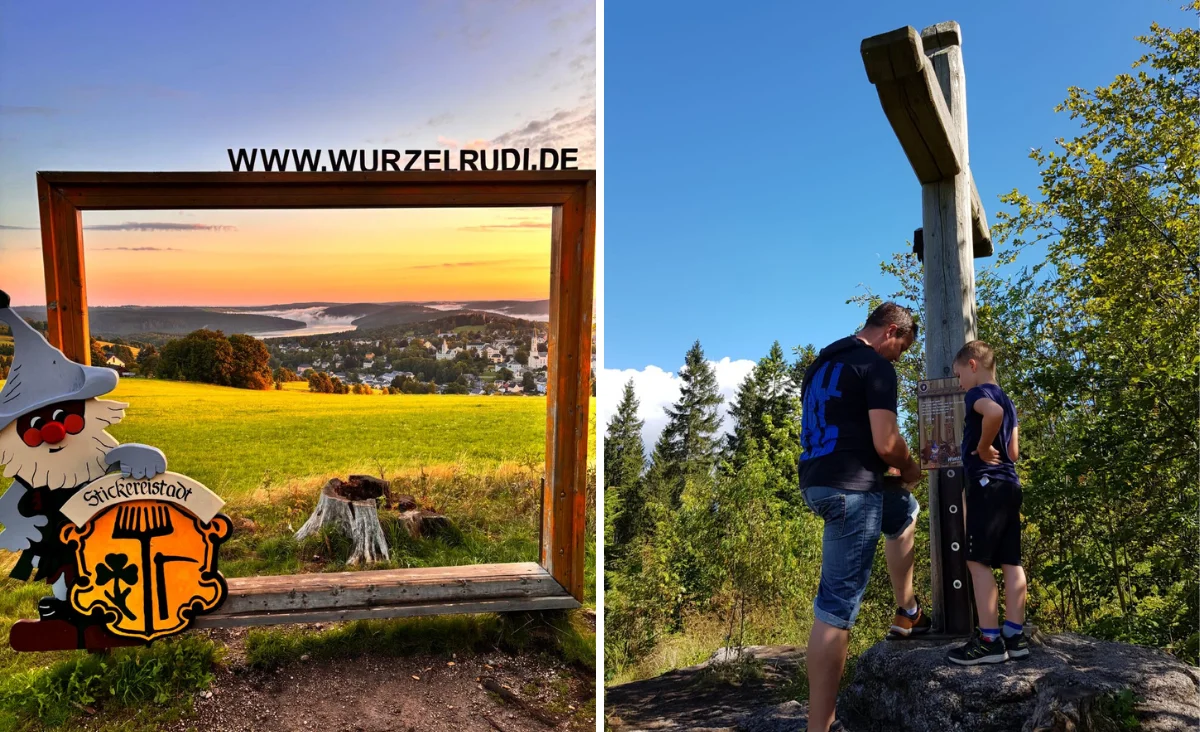 Links steht ein großer, rechteckiger Holzrahmen auf einer Wiese mit Blick auf eine hügelige Landschaft im Sonnenuntergang. Im Vordergrund befindet sich eine bunte Figur mit weißem Bart, spitzem Hut und gelber Jacke, die ein Schild mit der Aufschrift 'Sachsenblick' hält. Im Hintergrund sind Felder, Wälder und ein weiter Horizont zu sehen. Rechts stehen zwei Personen nebeneinander auf einem Felsen vor einer hölzernen Konstruktion mit Klettergriffen, umgeben von Bäumen und blauem Himmel. Die Szene vermittelt einen Eindruck von Freizeitaktivitäten und Naturerlebnis in Wurzelrudis Erlebniswelt.