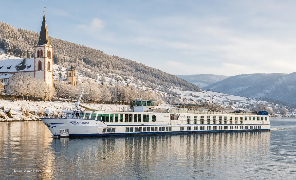 Die MS Thurgau Saxonia mit winterlicher Landschaft im Hintergrund.
