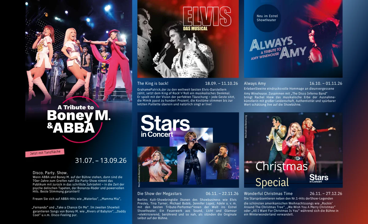 Ein Werbeflyer mit verschiedenen Shows im estrel Showtheater