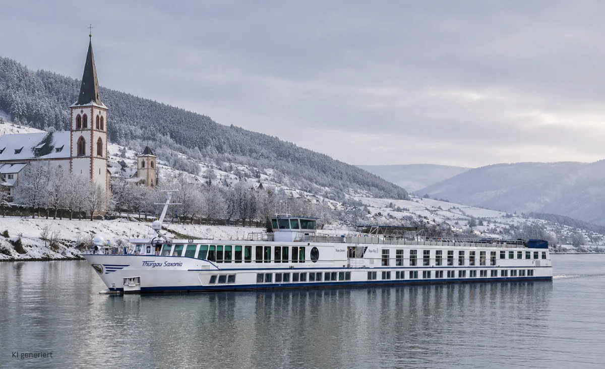 Die MS Saxonia auf dem Wasser in winterlicher Landschaft.