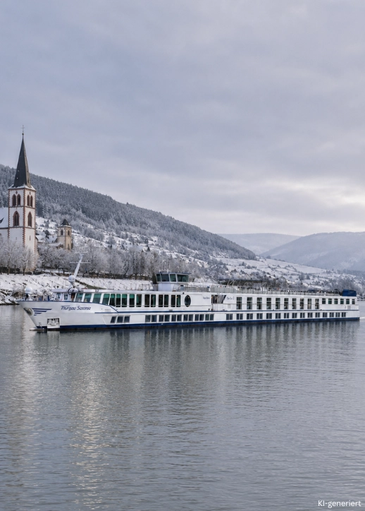 Die MS Thurgau Saxonia mit winterlicher Landschaft im Hintergrund.