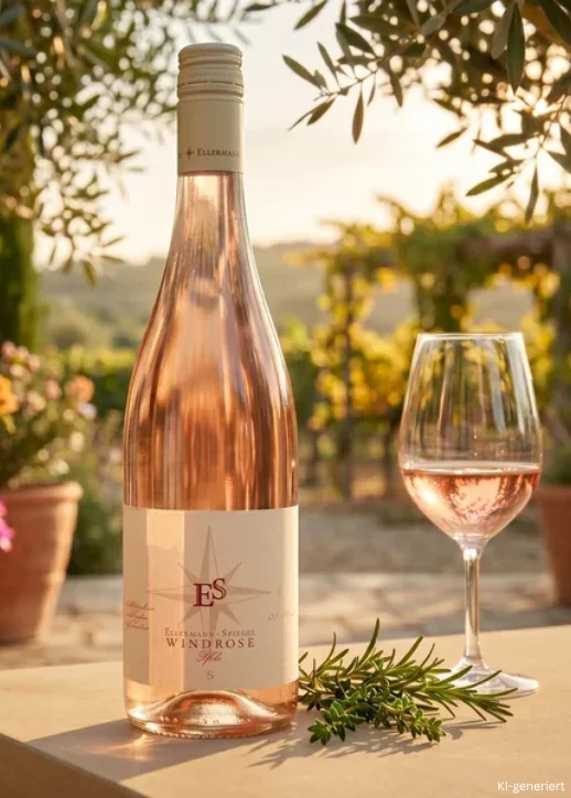 Flasche Roséwein mit Etikett 'Elsässer Spiegel Windrose Spät' neben gefülltem Weinglas und Rosmarinzweig auf Steinplatte vor sonniger Landschaft mit Weinreben.