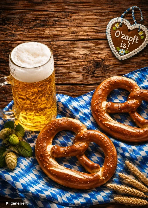 Zwei Brezeln und ein Bierglas mit Schaum auf blau-weiß kariertem Tuch neben einem Lebkuchenherz mit der Aufschrift 'O'zapft is!' auf Holztisch