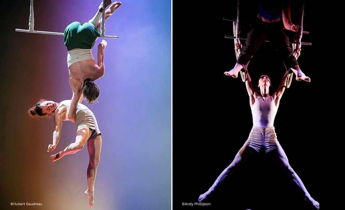 Zwei Fotos von Akrobaten am Trapez im Chamäleon Theater, links ein Paar in einer balancierenden Pose mit blauem Hintergrund, rechts ein Paar in einer symmetrischen Pose vor schwarzem Hintergrund.