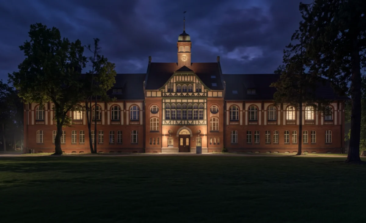 Beleuchtetes historisches Backsteingebäude mit Turm und symmetrischer Fensteranordnung vor dunklem Nachthimmel