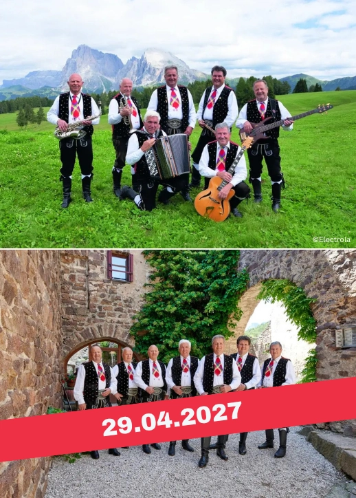 Collage der Kastelruther Spatzen Gruppenfotos vor dem live Konzert.