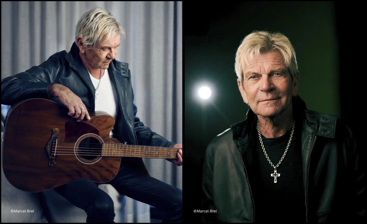 Matthias Reim mit Akustikgitarre und Porträtfoto für das Konzert 35 Jahre Verdammt ich lieb dich
