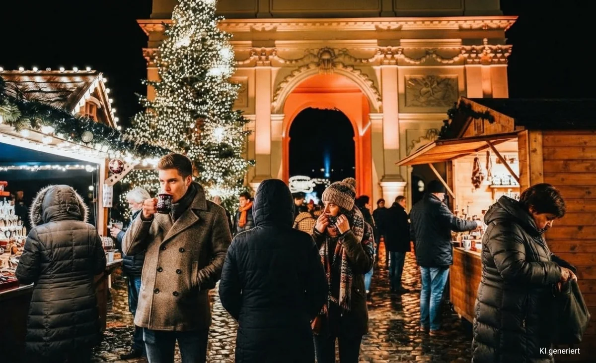 Menschenmenge vor einem beleuchteten Torbogen und einem geschmückten Weihnachtsbaum auf dem Potsdamer Weihnachtsmarkt bei Nacht