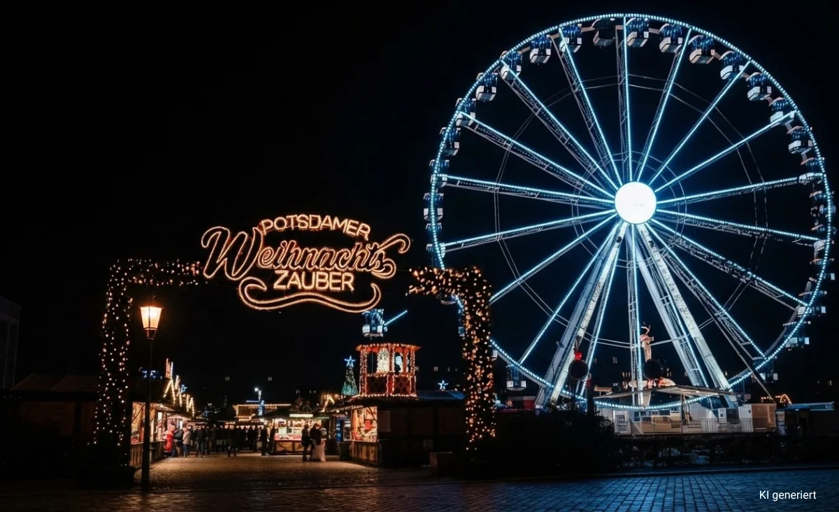Beleuchtetes Riesenrad und Schriftzug 'Potsdamer Weihnachtszauber' auf dem Potsdamer Weihnachtsmarkt bei Nacht