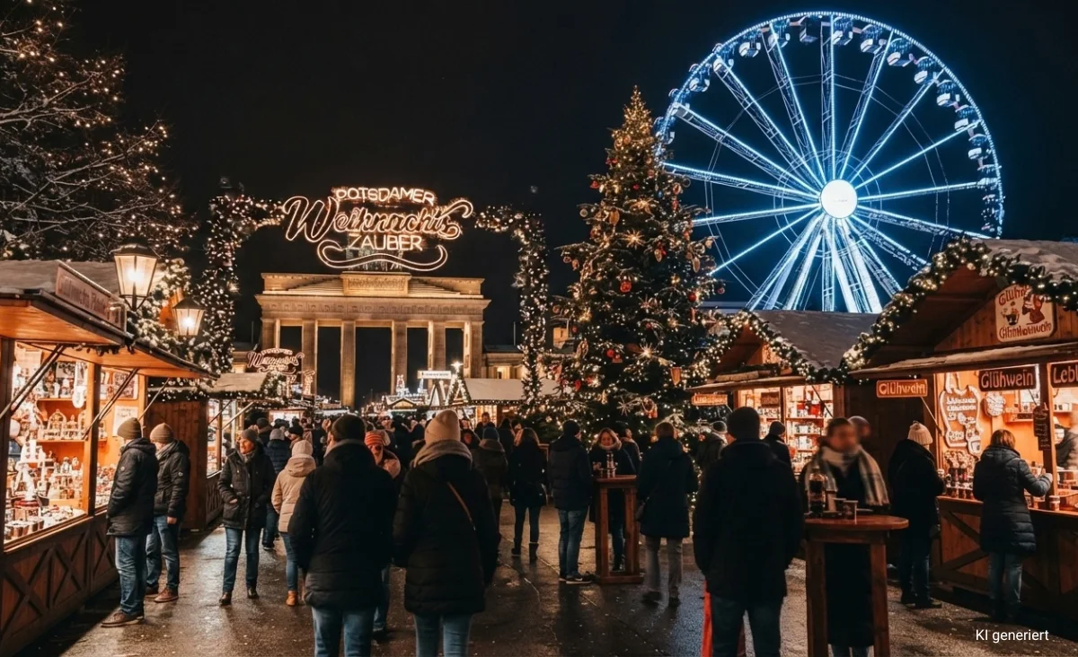 Beleuchtetes Riesenrad und Schriftzug 'Potsdamer Weihnachtszauber' auf dem Potsdamer Weihnachtsmarkt bei Nacht