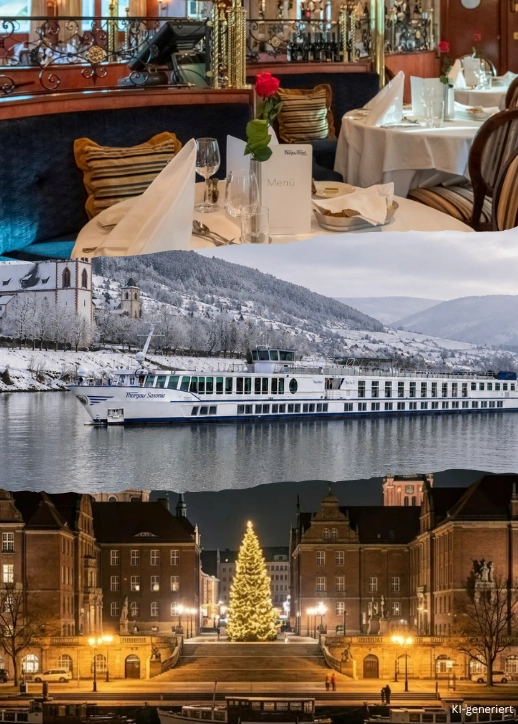 Collage aus Schiff, Landschaft im Winter und das festliche Innendeck.