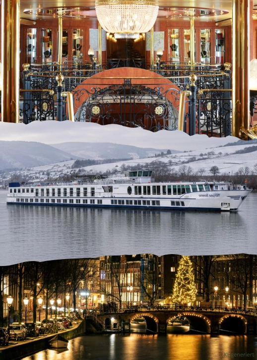 Collage aus Schiff, Landschaft im Winter und das festliche Innendeck.